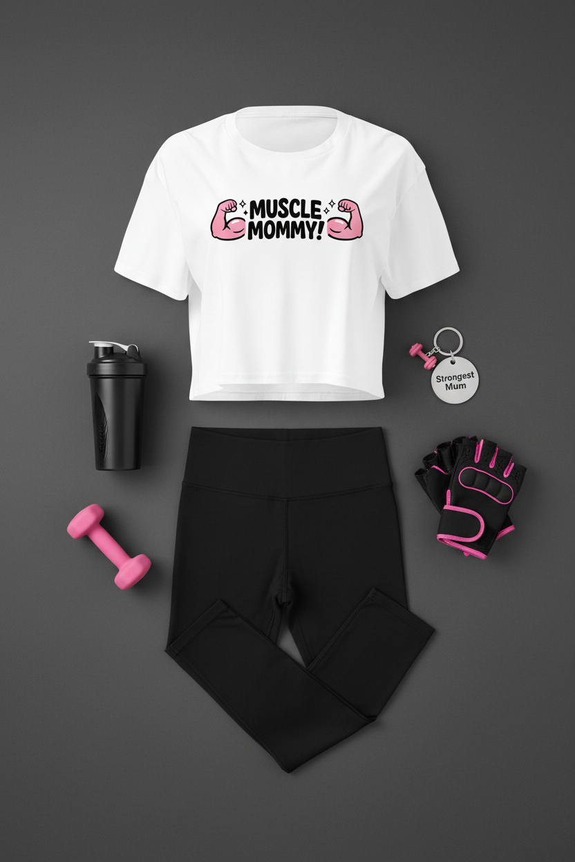 Muscle Mommy Flex Crop Top flat lay styled with black leggings and gym accessories