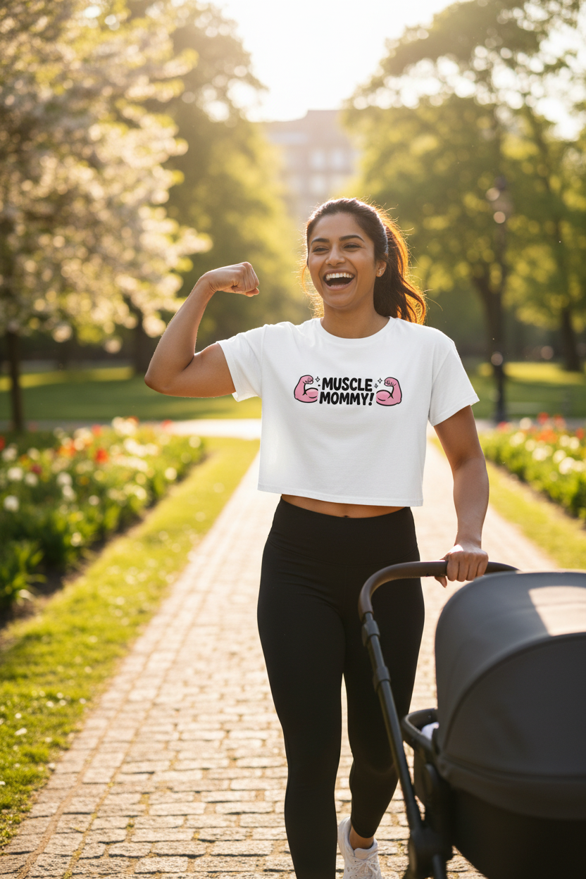 Model wearing the Muscle Mommy Flex Crop Top in a park outdoor fitness scene
