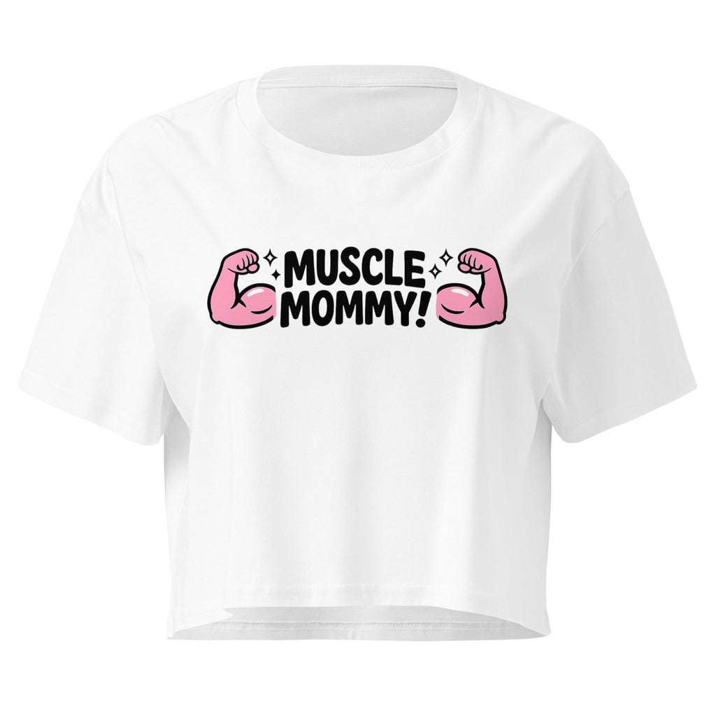 Muscle Mommy Flex white crop top front product mockup with pink flexed arm graphic