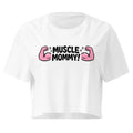 Muscle Mommy Flex white crop top front product mockup with pink flexed arm graphic