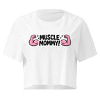 Muscle Mommy Flex white crop top front product mockup with pink flexed arm graphic