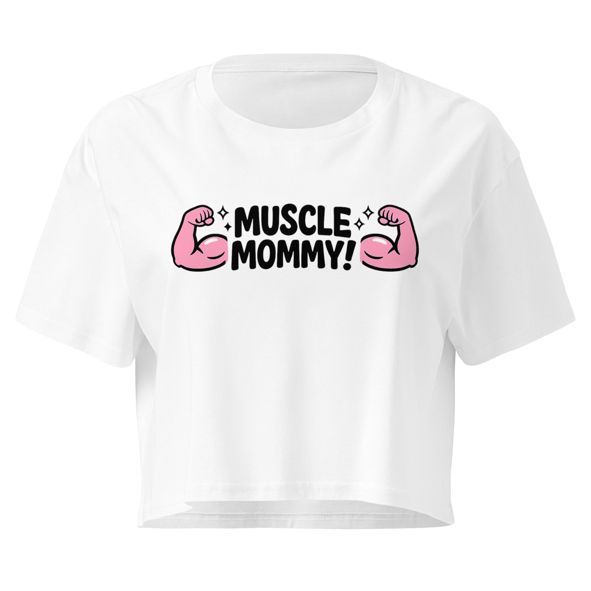 Muscle Mommy Flex white crop top front product mockup with pink flexed arm graphic