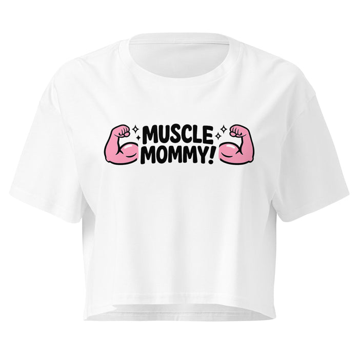 Muscle Mommy Flex white crop top front product mockup with pink flexed arm graphic