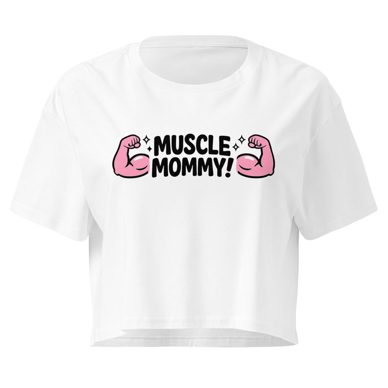 Muscle Mommy Flex white crop top front product mockup with pink flexed arm graphic