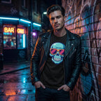 Man wearing a black leather jacket and a t-shirt with a colorful skull design, standing against a graffiti-covered wall.