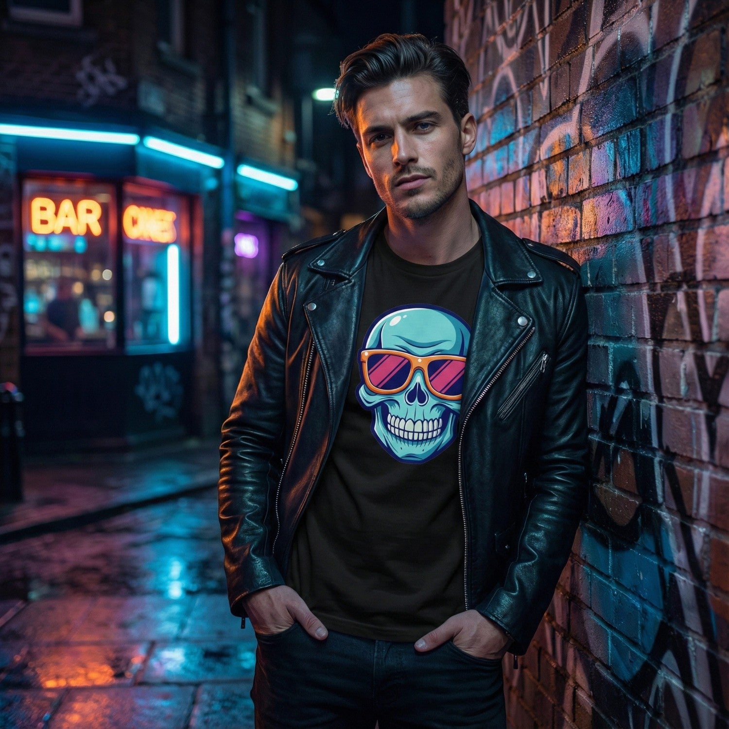 Man wearing a black leather jacket and a t-shirt with a colorful skull design, standing against a graffiti-covered wall.