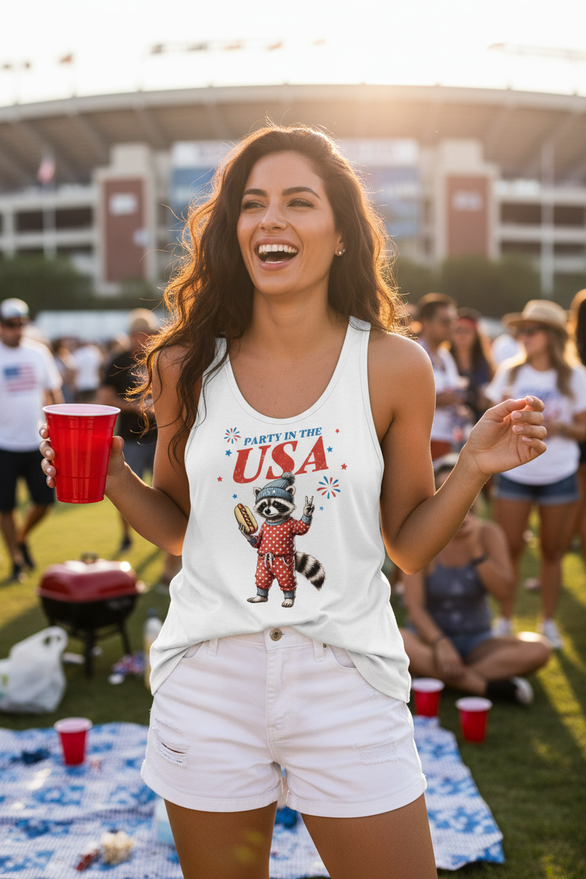 Model wearing the Party in the USA Raccoon Racerback Tank Top at an outdoor patriotic event