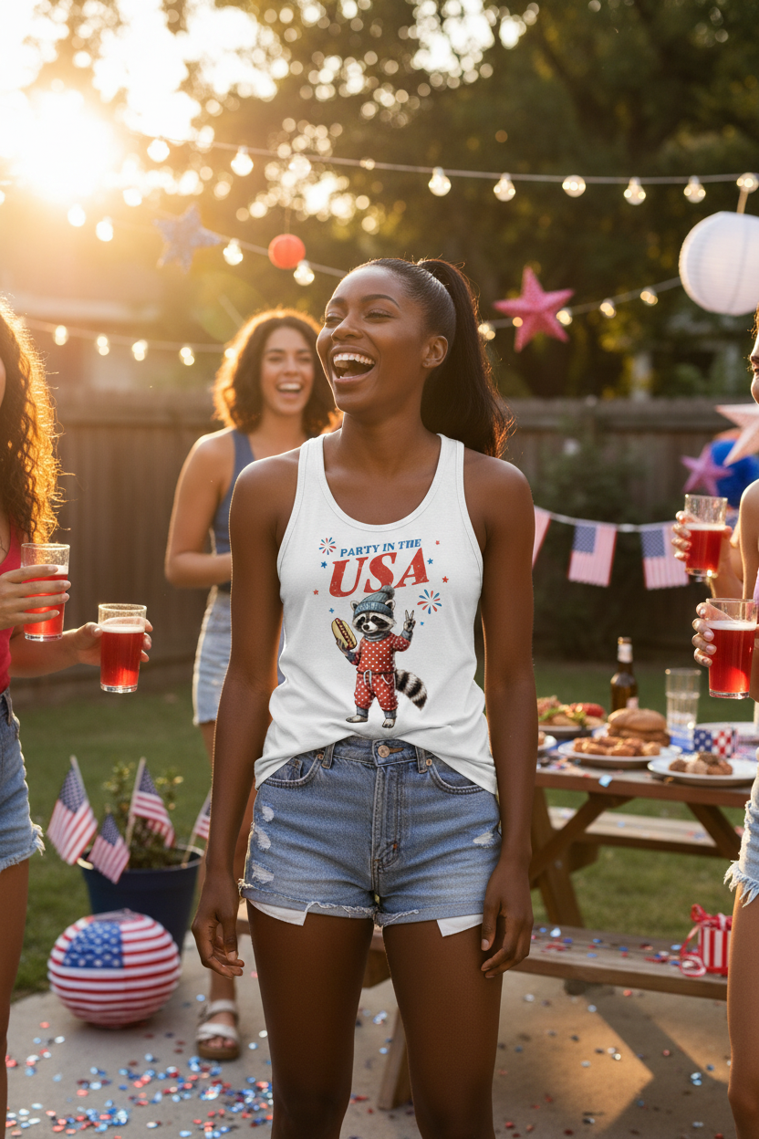 Model wearing the Party in the USA Raccoon Racerback Tank Top in an outdoor picnic scene