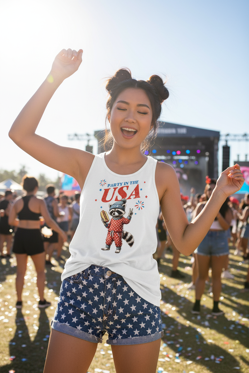 Model wearing the Party in the USA Raccoon Racerback Tank Top with patriotic shorts at a summer event