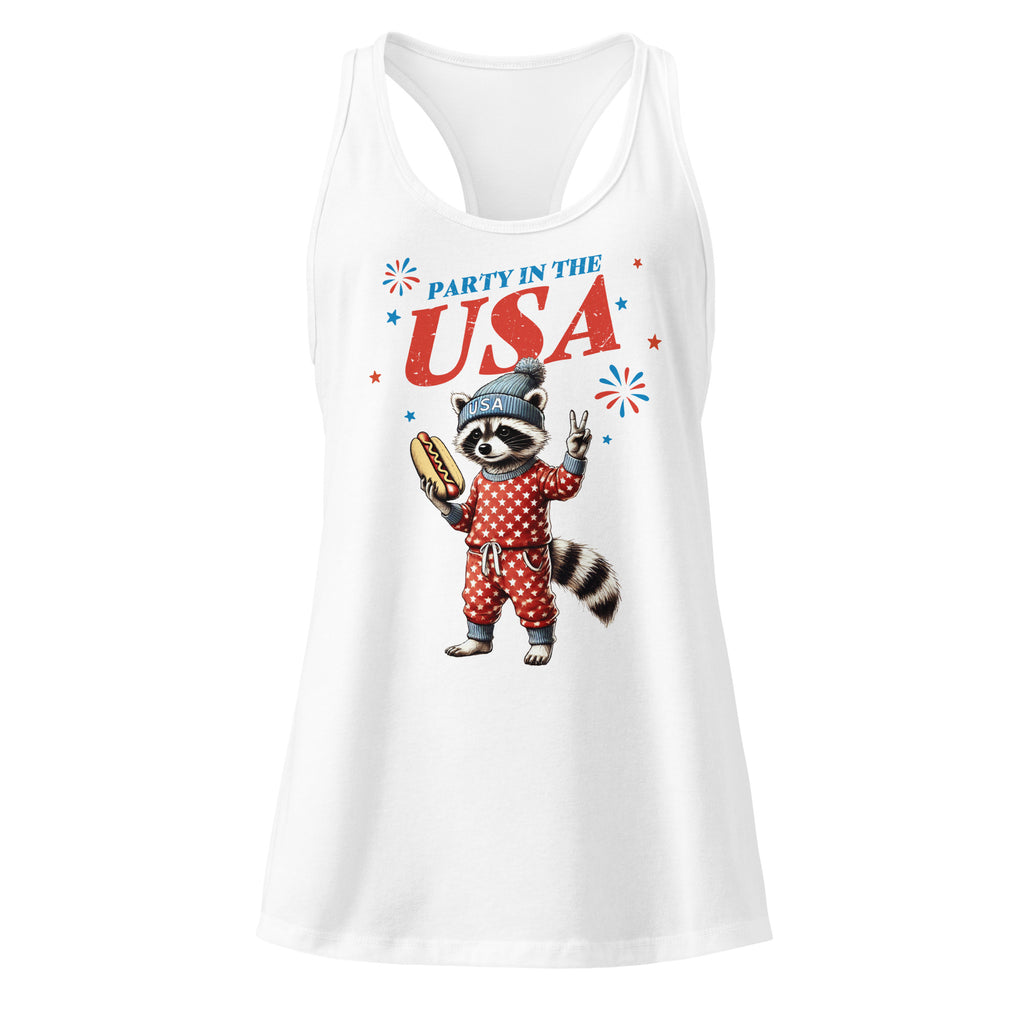 Party in the USA Raccoon white racerback tank top front product mockup with patriotic raccoon graphic