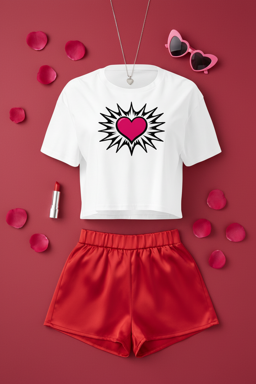 Pink Heart Burst Crop Top flat lay styled with a red skirt and rose petals