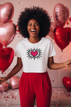 Model wearing the Pink Heart Burst Crop Top in a red balloon studio scene