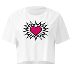 Pink Heart Burst white crop top front product mockup with hot pink heart and black comic burst graphic