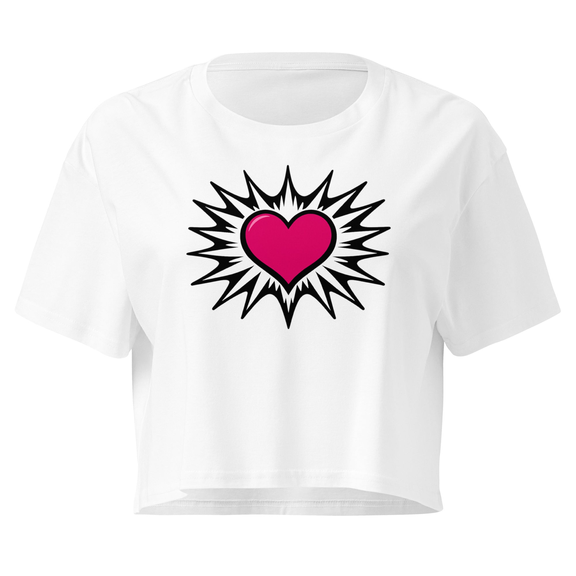 Pink Heart Burst white crop top front product mockup with hot pink heart and black comic burst graphic