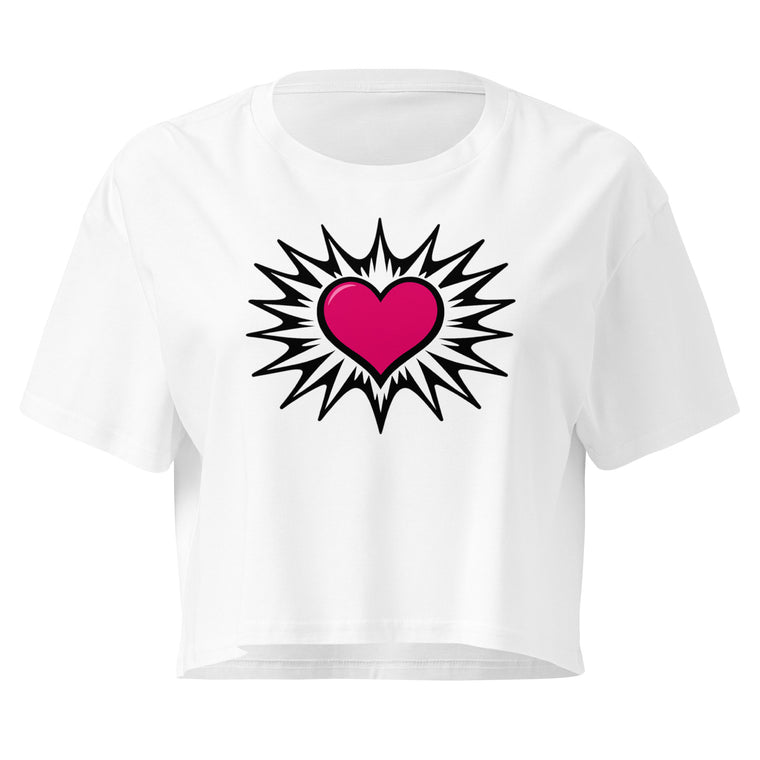 Pink Heart Burst white crop top front product mockup with hot pink heart and black comic burst graphic