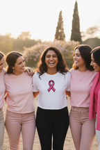 Model wearing the Pink Ribbon Awareness Crop Top with a support group outdoors