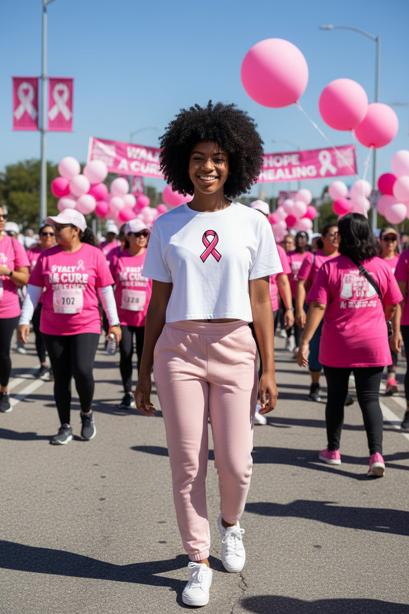 Model wearing the Pink Ribbon Awareness Crop Top at a charity walk with pink balloons