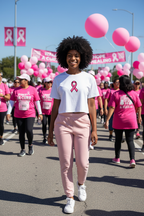 Model wearing the Pink Ribbon Awareness Crop Top at a charity walk with pink balloons