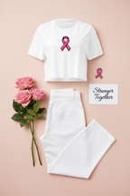 Pink Ribbon Awareness Crop Top flat lay styled with white trousers, flowers and a handwritten note