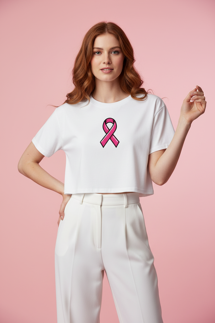 Model wearing the Pink Ribbon Awareness Crop Top in a soft pink studio scene