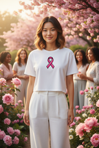Model wearing the Pink Ribbon Awareness Crop Top in a rose garden scene