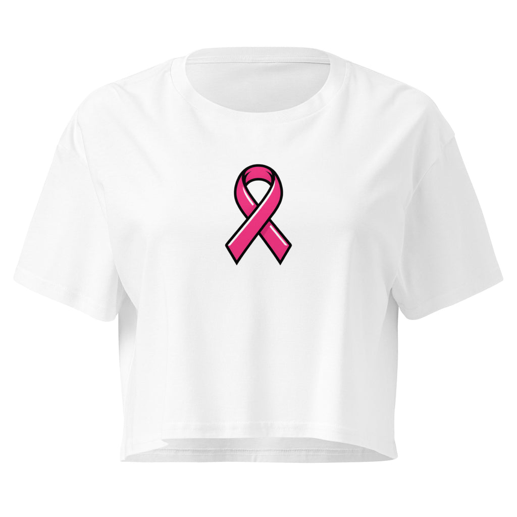 Pink Ribbon Awareness white crop top front product mockup with pink awareness ribbon graphic