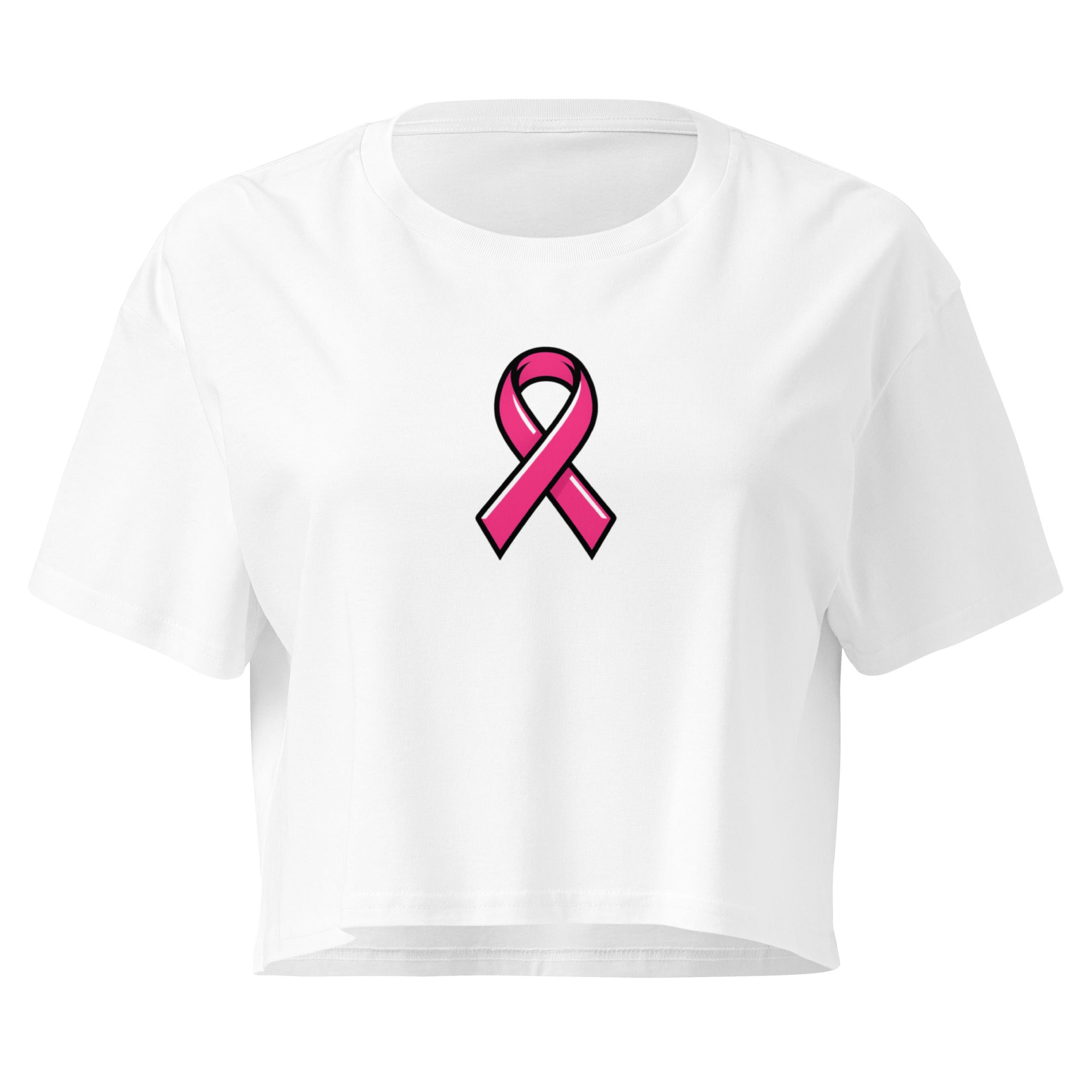Pink Ribbon Awareness white crop top front product mockup with pink awareness ribbon graphic