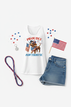 Proudly Pawtriotic Racerback Tank Top flat lay styled with denim shorts, dog lead and small American flag