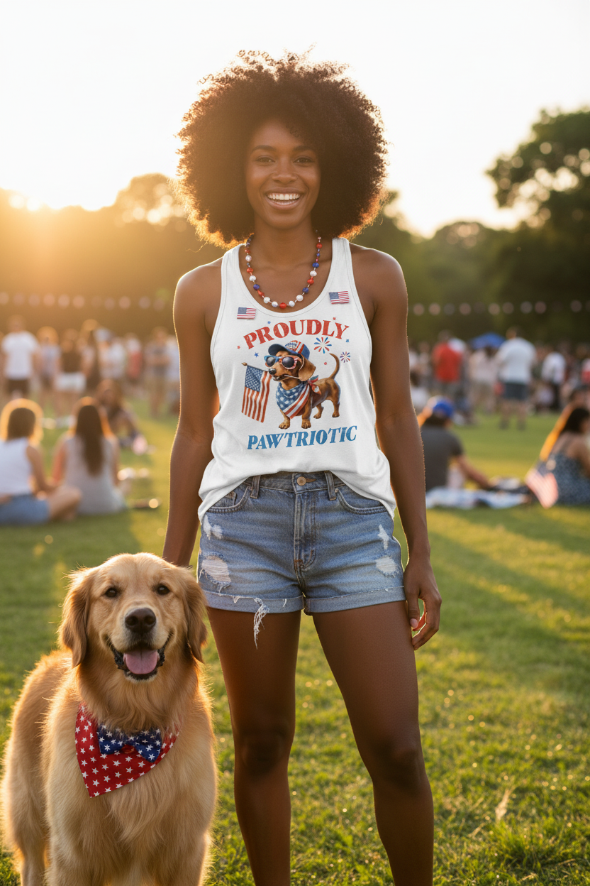 Model wearing the Proudly Pawtriotic Racerback Tank Top in a sunny park scene with a dog