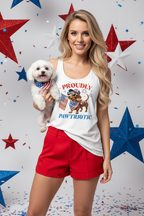 Model wearing the Proudly Pawtriotic Racerback Tank Top with red shorts in a patriotic studio scene