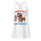 Proudly Pawtriotic white racerback tank top front product mockup with patriotic dachshund graphic
