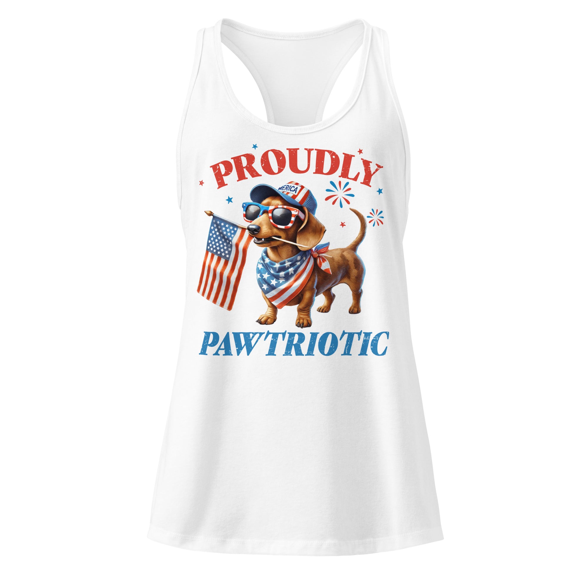 Proudly Pawtriotic white racerback tank top front product mockup with patriotic dachshund graphic