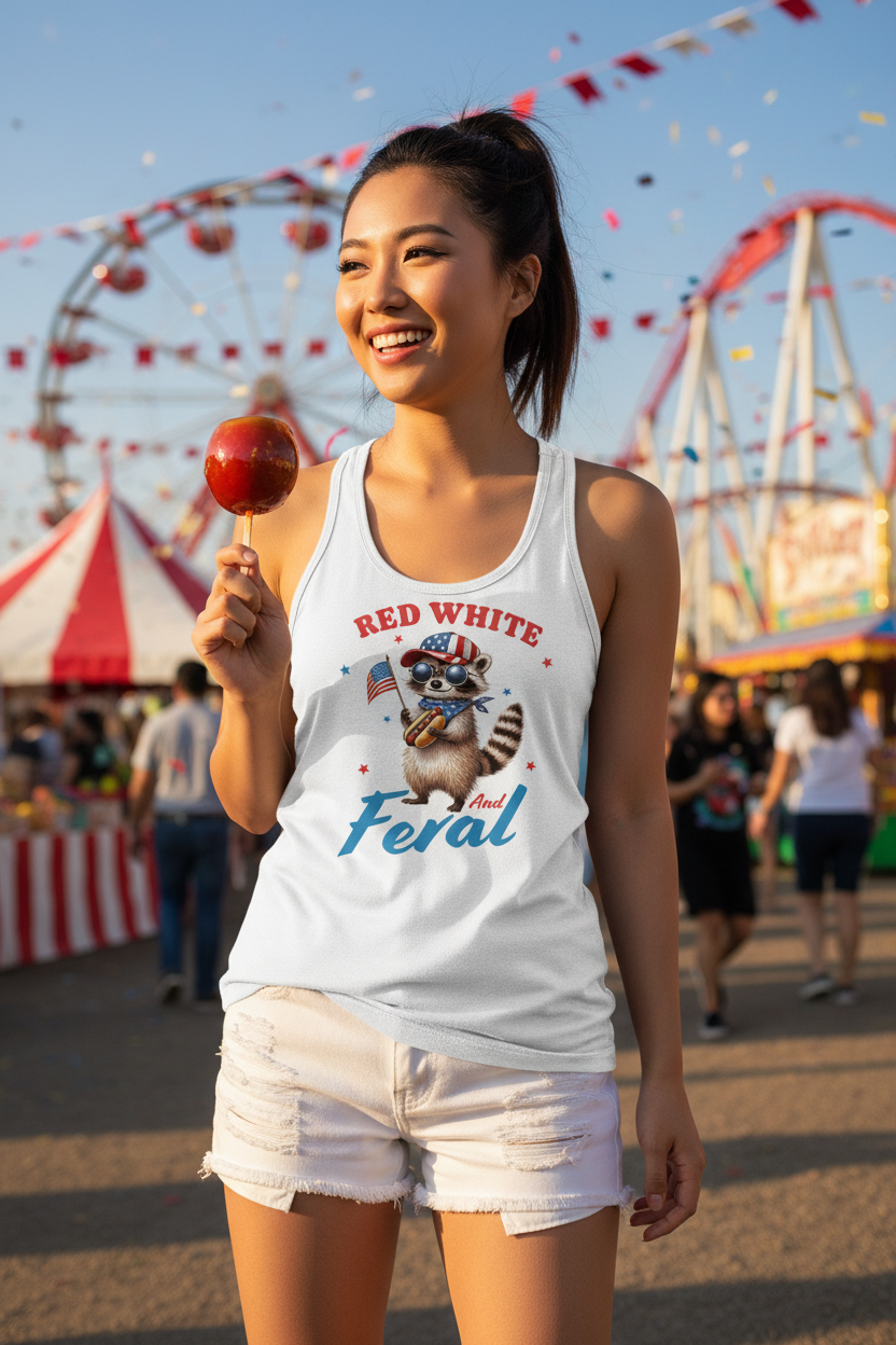 Model wearing the Red White and Feral Raccoon Racerback Tank Top at a fairground with red white and blue decorations