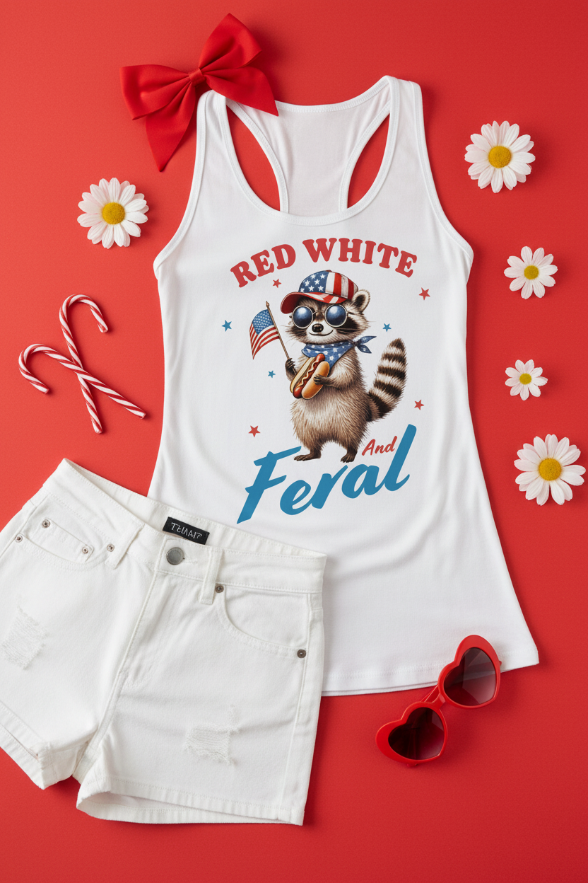 Red White and Feral Raccoon Racerback Tank Top flat lay styled with denim shorts and sunglasses