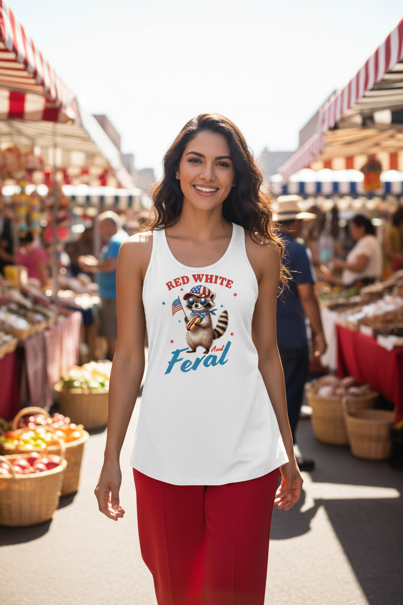 Model wearing the Red White and Feral Raccoon Racerback Tank Top in a patriotic parade street scene