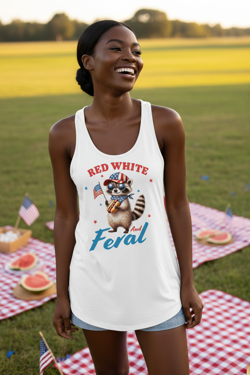 Model wearing the Red White and Feral Raccoon Racerback Tank Top at an outdoor picnic scene