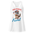 Red White and Feral Raccoon white racerback tank top front product mockup with patriotic raccoon graphic