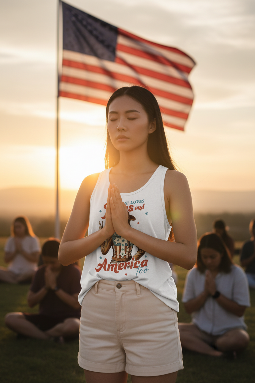 Model wearing the She Loves Jesus and America Too Racerback Tank Top in front of an American flag at sunset