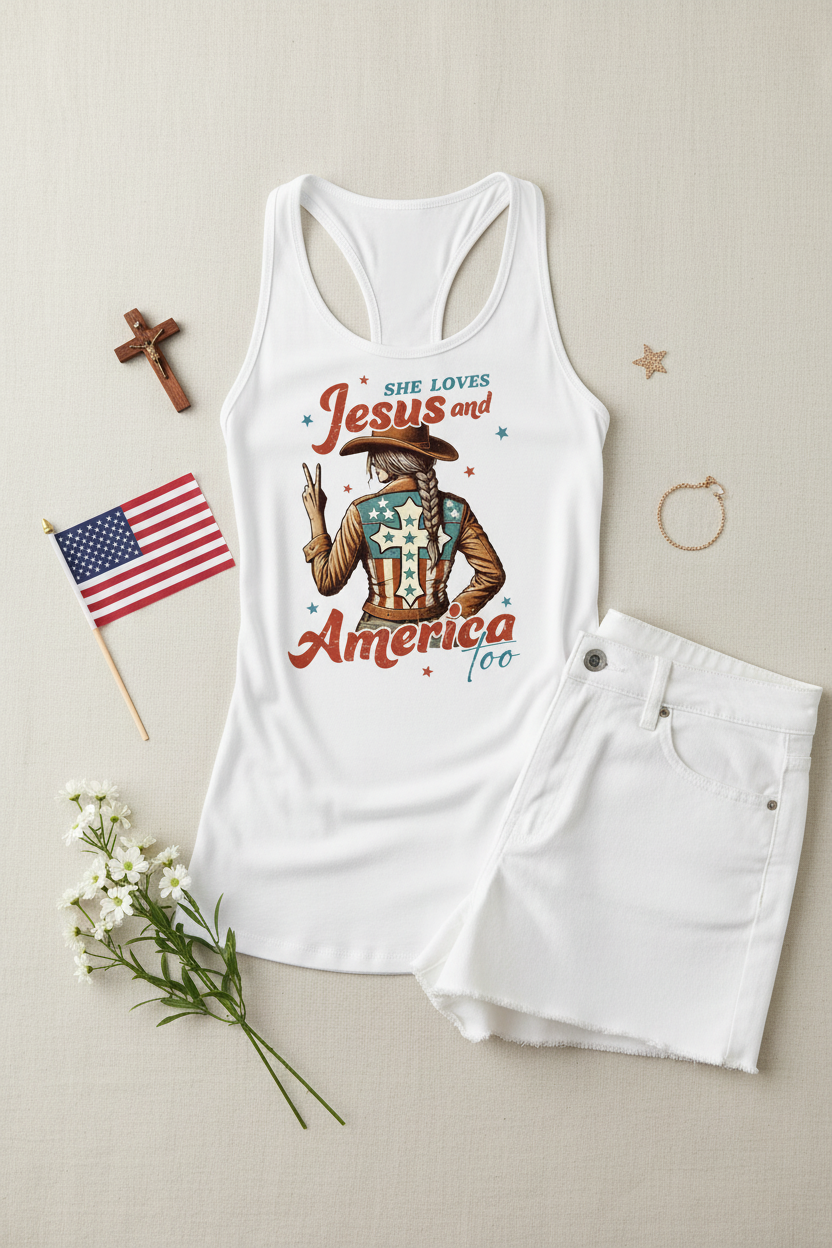 She Loves Jesus and America Too Racerback Tank Top flat lay styled with white shorts and a small American flag