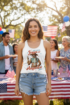 Model wearing the She Loves Jesus and America Too Racerback Tank Top with denim shorts at a patriotic outdoor event