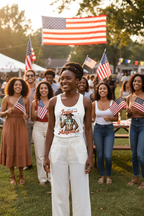 Model wearing the She Loves Jesus and America Too Racerback Tank Top in a patriotic crowd scene with American flags