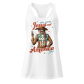 She Loves Jesus and America Too white racerback tank top front product mockup with western patriotic graphic