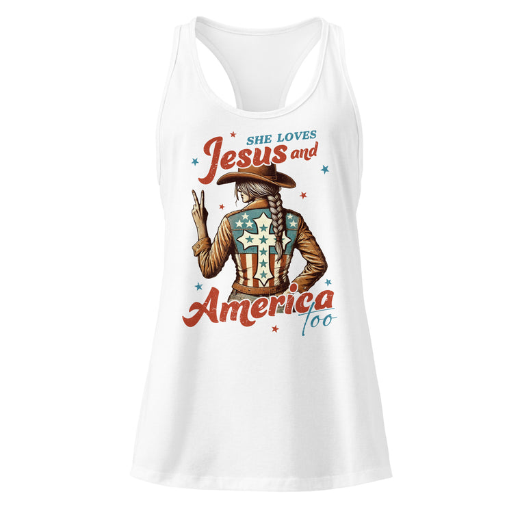 She Loves Jesus and America Too white racerback tank top front product mockup with western patriotic graphic