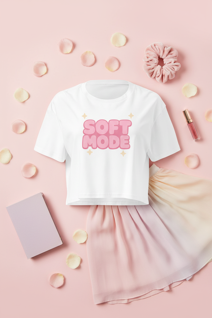 Soft Mode Pink Bubble Crop Top flat lay styled with blush pink accessories