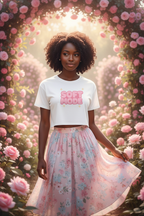Model wearing the Soft Mode Pink Bubble Crop Top in a soft flower garden scene