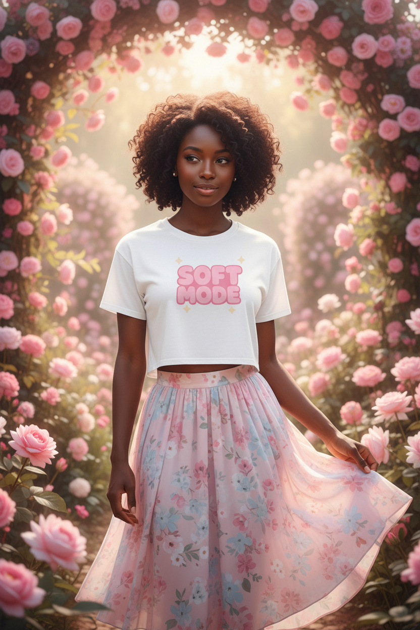 Model wearing the Soft Mode Pink Bubble Crop Top in a soft flower garden scene