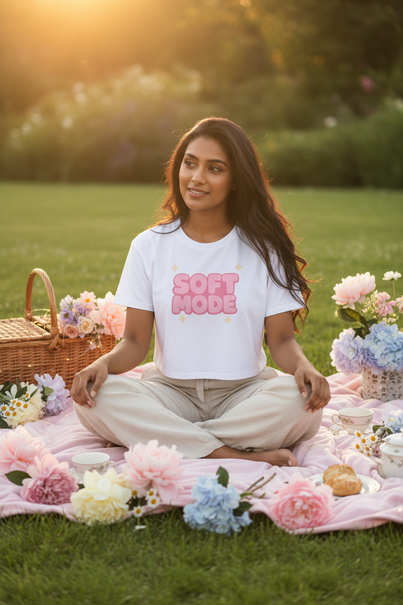 Model wearing the Soft Mode Pink Bubble Crop Top at an outdoor picnic scene