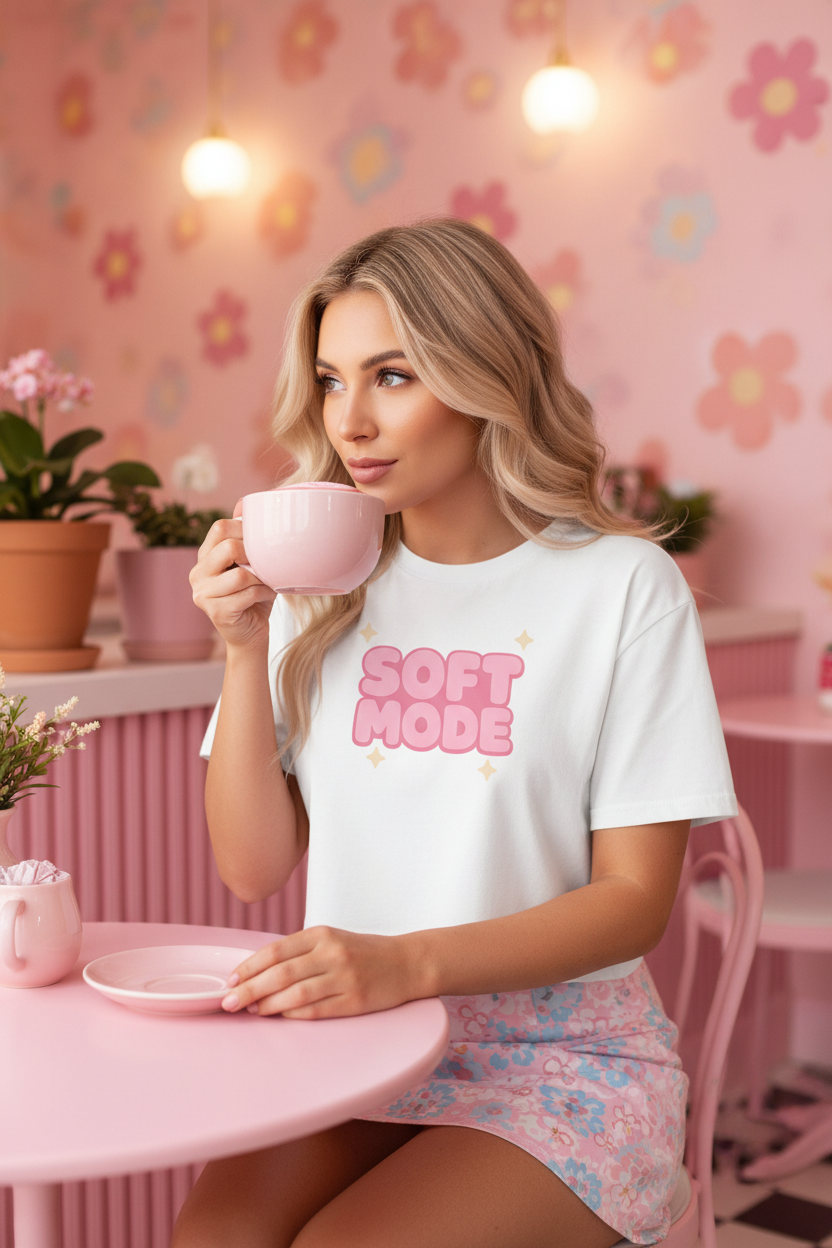 Model wearing the Soft Mode Pink Bubble Crop Top in a soft pink room scene