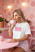 Model wearing the Soft Mode Pink Bubble Crop Top in a soft pink room scene