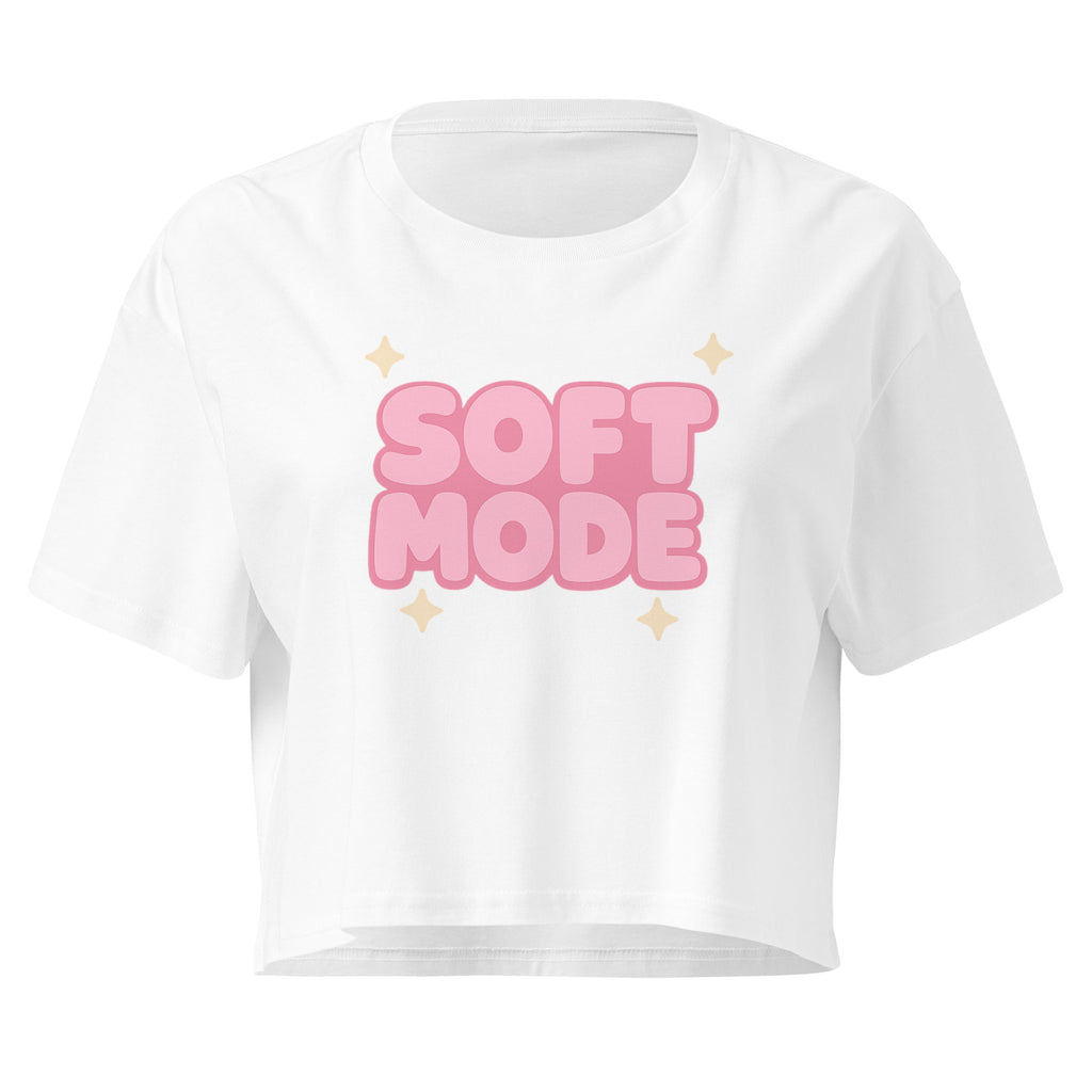 Soft Mode Pink Bubble white crop top front product mockup with pink bubble lettering and sparkle accents